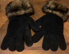 Women  s Black Knit Gloves With Faux Fur Trim Brown One Size Fits All Warm R