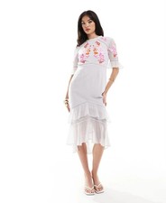 Hope & Ivy tiered midi dress grey with red embroidery Size  10  Wedding Races
