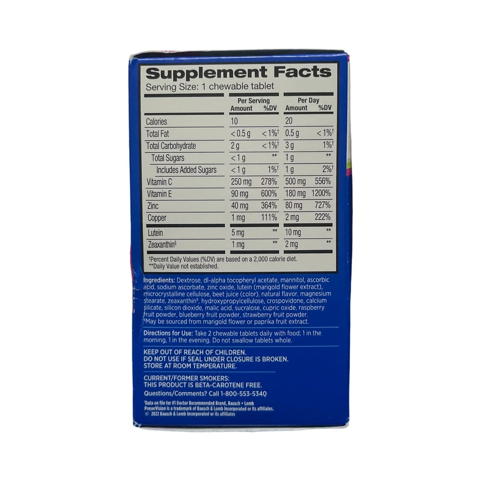 PreserVision AREDS 2 Fórmula Vitamina e Mineral para Olhos 60 Mastigáveis, Expira em 07/2026 - Imagem 2 de 2