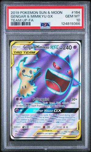2019 POKEMON SUN & MOON TEAM UP #164 FULL ART/GENGAR & MIMIKYU GX PSA 10