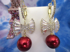 Stunning Christmas Red Metallic Ornament Lucite Crystal Bow Dangle Earrings NEW