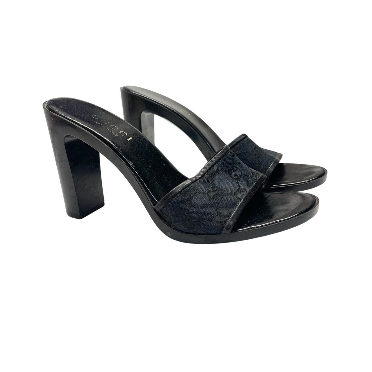 Gucci Mule Heels Black GG Monogram Canvas Open Toe Vintage