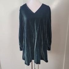 LOFT Size XS Velvet V Neck Puff Sleeve Mini Shift Long Sleeve Dress Teal Green