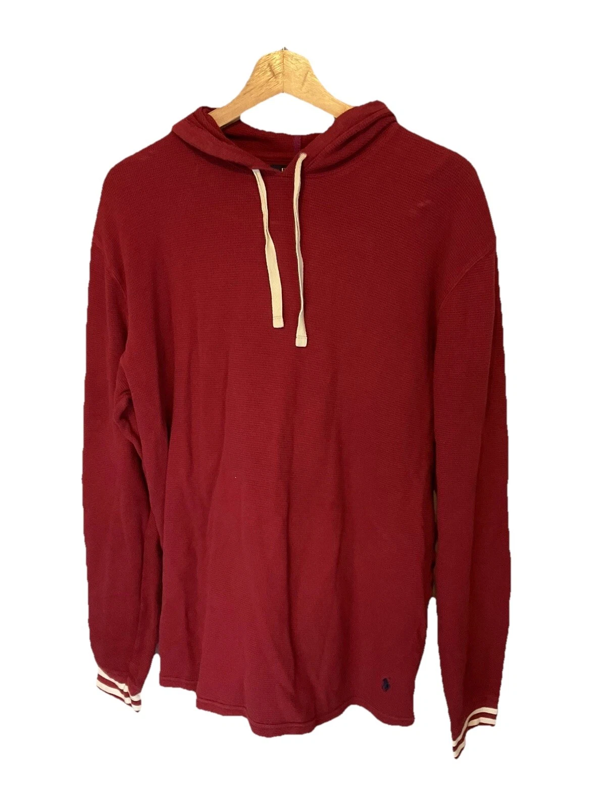 POLO Ralph Lauren Hoodie Men Large Thermal Burgundy Stripe Cuffs Sporty Shirt