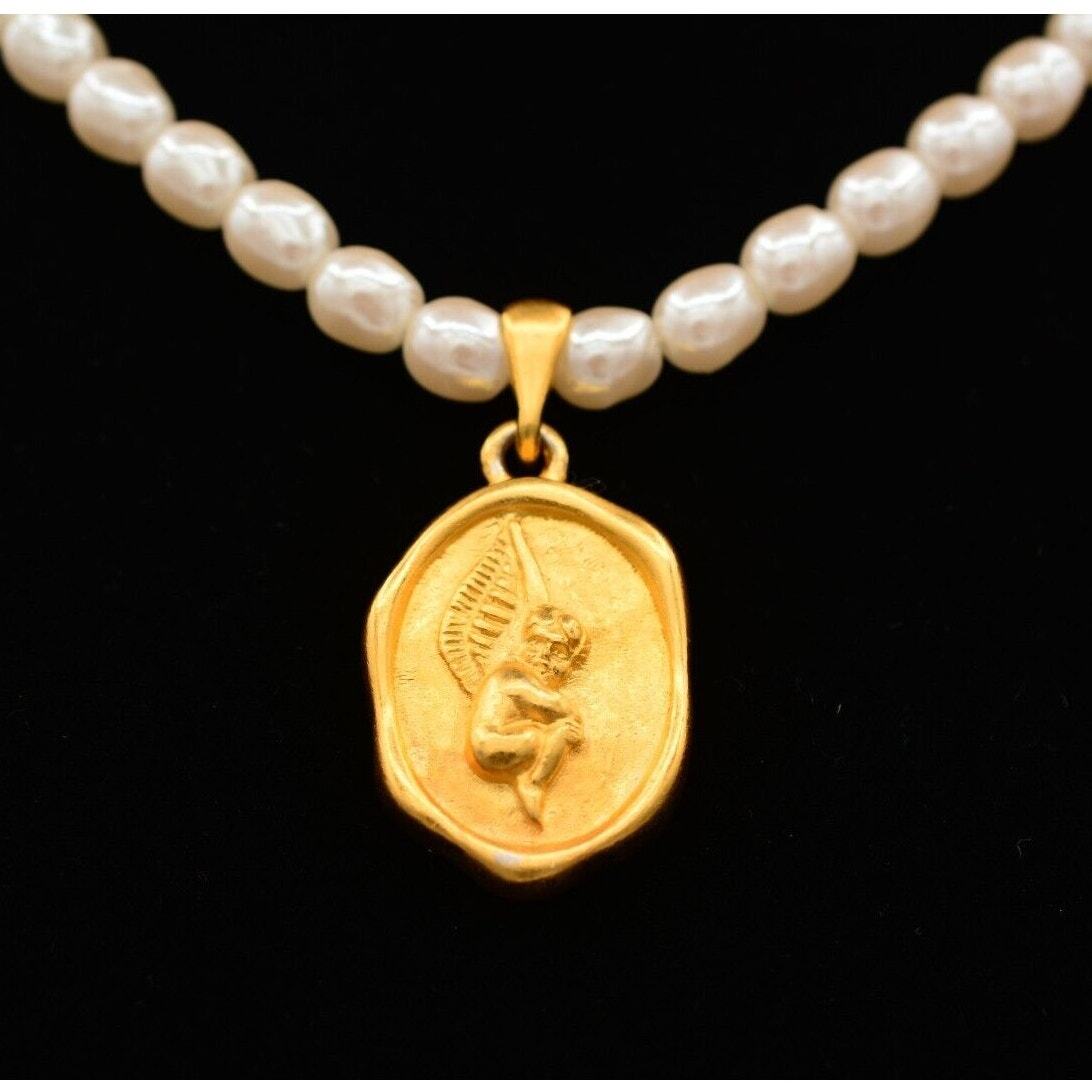 Givenchy Vintage Angel Pendant Necklace Brushed Gold Pearl