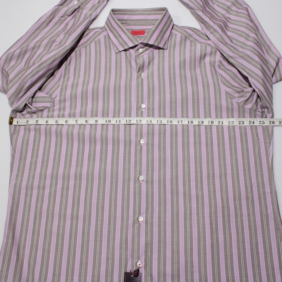 Camisa de vestir Isaia nueva con etiquetas talla 46 18,5 en rayas moradas/marrones/blancas 100 % algodón Foto 4 de 4