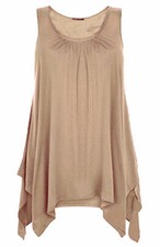 Women Ladies Hanky Hem Sleeveless Flared Jersey Long Tunic Flared Swing Vest Top