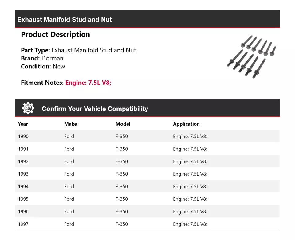 Para Ford F-350 1990-1997 7,5 L V8 Dorman colector de escape perno y tuerca 1991 1992 Foto 2 de 4