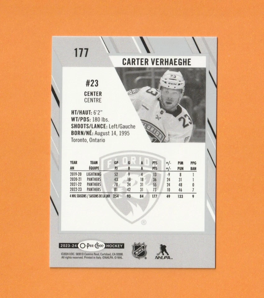 2023-24 O-Pee-Chee Hockey CARTER VERHAEGHE #177 Florida Panthers - Image 2 of 2