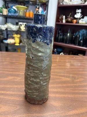 Handmade Studio Art Pottery Vase 12  Blue Ash Glaze Textured Bottle Form