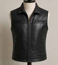 Men's Black Leather Classic Motorcycle Biker Vest Cowboy Biker Waistcoat