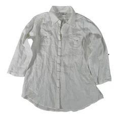 Cabi White 100% Linen Point Collar Tab Sleeve Blouse Women's Size Large