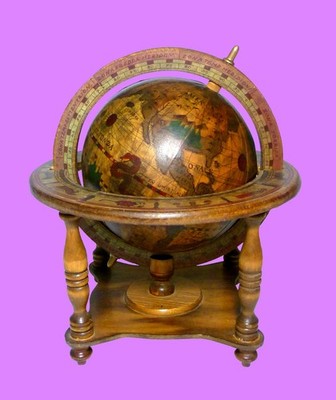 HOME DECOR - VINTAGE ITALIAN WOODEN OLD WORLD ZODIAC GLOBE, DESK TOP STAND 11''