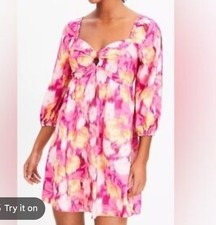 LOFT Pink Orange White Floral Square Neck Smocked Puff Sleeve Mini Dress M