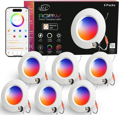 6 Pack 5/6'' LED Recessed Lights RGB Bluetooth App Control 2700K-6000K OPEN BOX 
