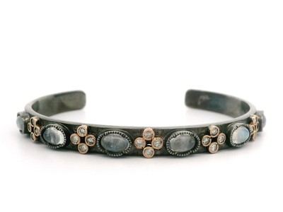 John Apel Silver & 14k Rose Gold Moonstone & Diamond Open Cuff Bracelet
