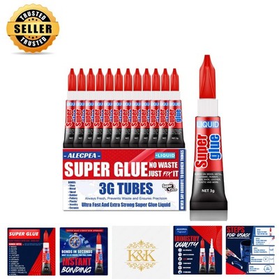 Mess-Free Super Glue Liquid - 12 Tubes of Quick Bonding Cyanoacrylate Adhesive