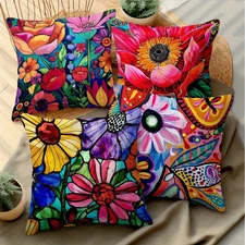 Beautiful Boho Floral Pillow Covers 18"x18" inch 4 PC SET Home Decor Red Pink