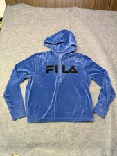 FILA Zip Hoodie Pullover Womens S/M Indigo Blue Velvet Logo Long Sleeve Retro