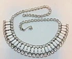 Vintage White Milk Glass  Silver Tone Baguette Clear Rhinestone Necklace Choker