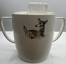 VTG 2 Handle Plastic Baby Cup Gold Doe Deer Made in USA 3" Tall With Lid White