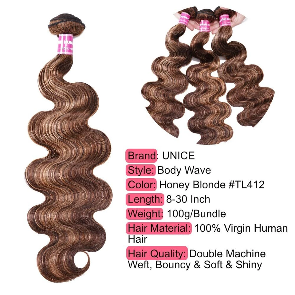 UNice Malaysian Ombre Highlight Blonde Body Wave Bundles Human Hair Extension US - Image 4 of 4