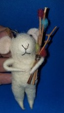 White Felted Mouse with Kindling Bundle Figurine Ornament.   AG10