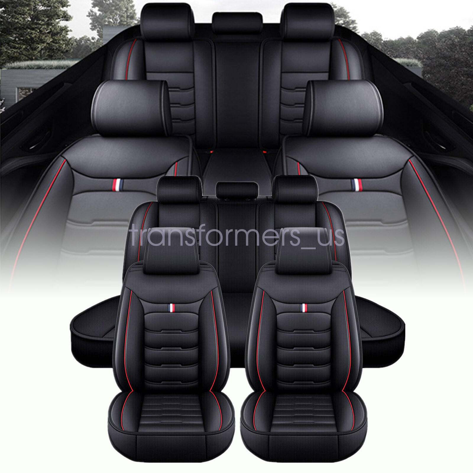 Car Seat Cover 5-Seat Full Set Leather Front & Rear Protector Black For Toyota-image
