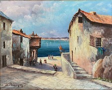 Tableau HST Marine "Ruelle animée de Calvi" Corse signé vers 1950