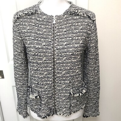 MASSIMO DUTTI Navy Blue White Fringe Full Zip Unlined Knit Blazer Jacket Medium
