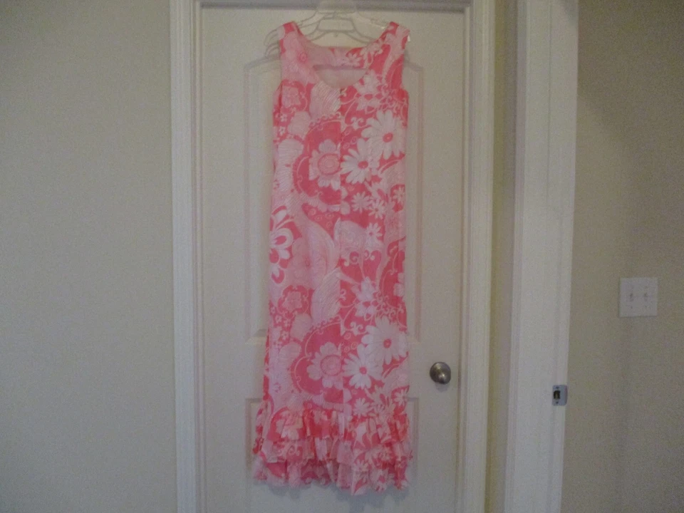 VTG 1960s ANDRADE HAWAII DRESS PINK WHITE FLORAL 3 LAYER RUFFLES w/SLIT -SIZE 12 - Image 2 of 4