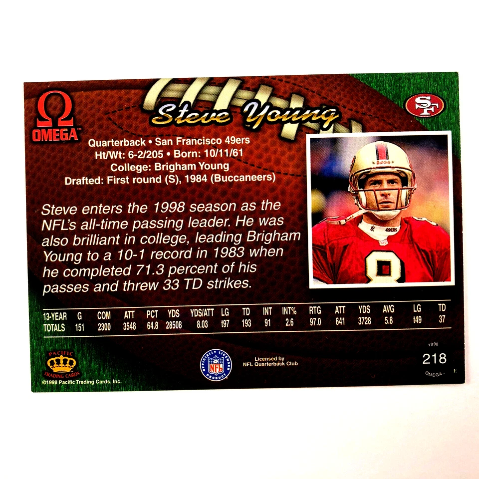 Steve Young 1998 Pacific Omega Card #218 NFL San Francisco 49ers - Image 2 of 2