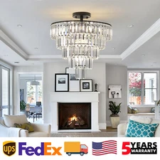 20'' Modern Crystal Chandelier Black Ceiling Light Flush Mount Pendant Fixture