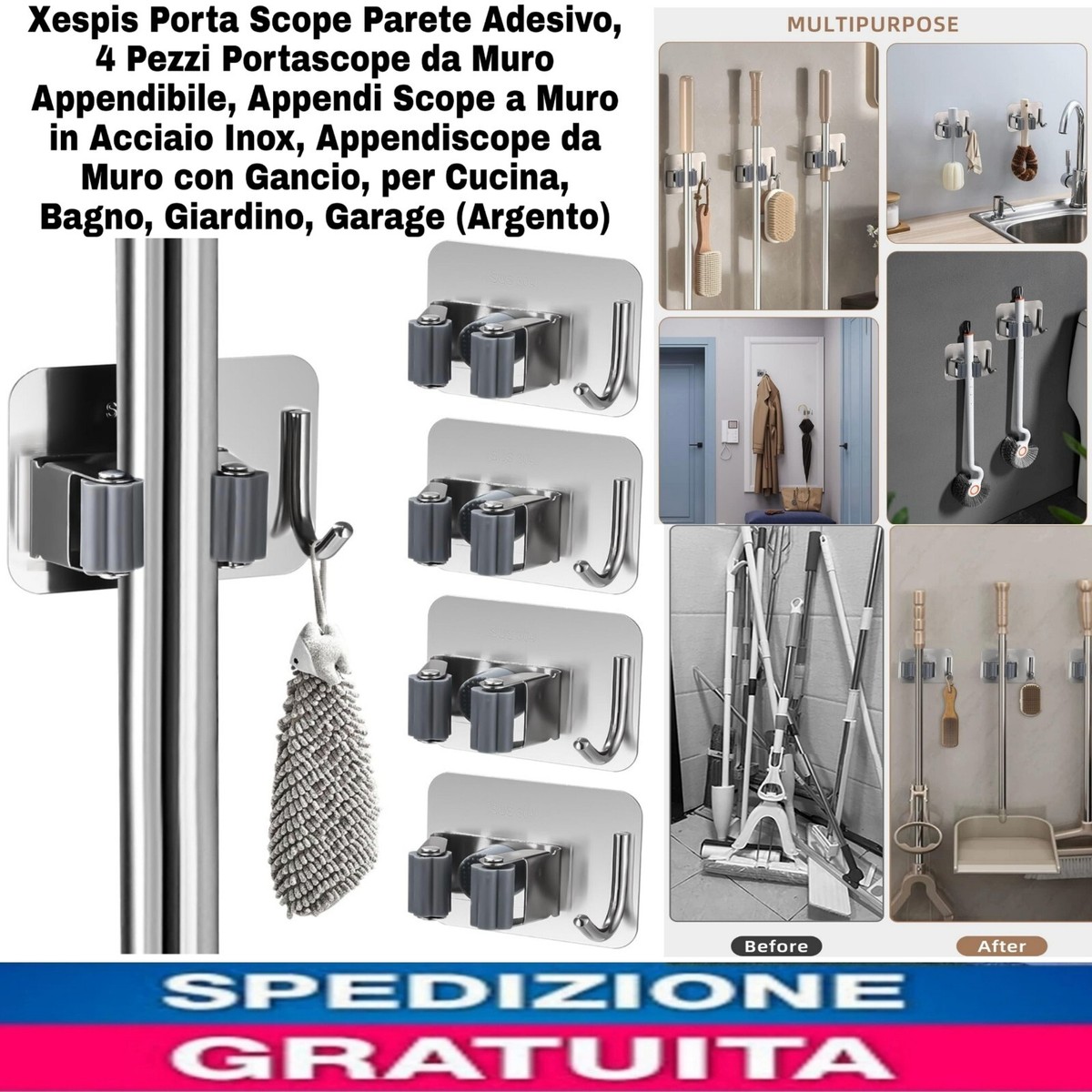 Skoye 4 supporti per scope da parete, in acciaio inox, con 1 gancio e 1