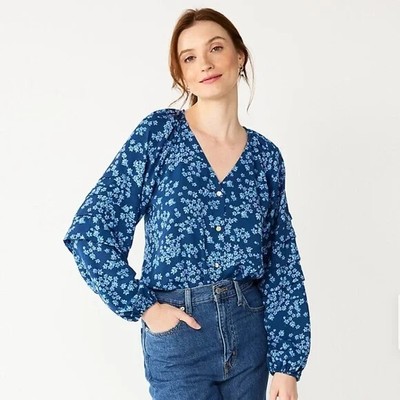 NWT DRAPER JAMES RSVP Blue Floral Bodysuit 3/4 Raglan Sleeve SIZE LARGE