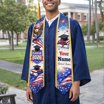 Personalized USA Flag Graduation Stole 2026, Custom American Flag Sash with Name