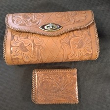 Vintage 70s Hand Tooled Leather Bag and Wallet Flowers Design Alligator Lined