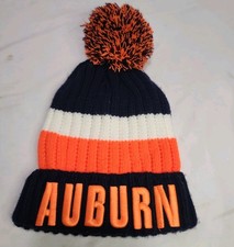 AUBURN TIGERS Cuffed Knit POM Beanie Hat Blue/Orange Embroidered Logo - EUC