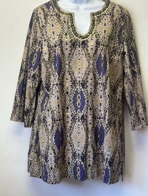 Dana Buchman Women's XL Purple Gold Beaded Neckline Ikat Ethnic Tunic Top Woven