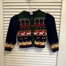 Dog Print Cardigan Sweater 3T Acrylic Knit Button Navy grandma core vintage