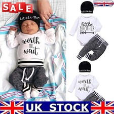 3Pcs Newborn Baby Boy Clothes Long Sleeve Romper Jumpsuit Pants With Hat Outfits