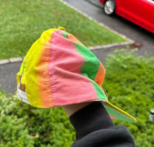 Bright VTG 80s Panama Jack snapback hat with multicolor stripes in yellow, green, pink, and red, USA made.