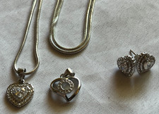 Elegant Heart Jewelry Set Silver Tone CZ Necklace  Earrings Gift Set