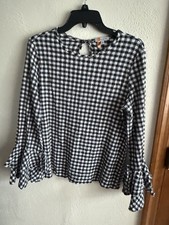 the birch Women's Black White Gingham Ruffle Sleeve Keyhole Neck Blouse L
