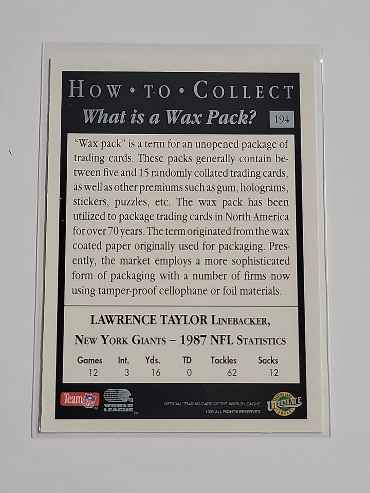 1992 WLAF Football Lawrence Taylor How To Collect #194 New York Giants  - Image 2 of 2