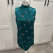 emerald green Qipao-style cheongsam dress Floral Print Womens Sz S/M Sleeveless