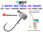 5 SAMOLLA MICRO NED JIG HEADS 4X STRENGTH SOFT BAIT LURE SHAD SANDEEL WORM HOOKS