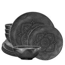 bzyoo 12-Piece Black Melamine Dinnerware Set Plates Bowls Dishwasher Safe Cam...