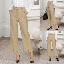 Women OL Pants Ladies High Waist Pocket Split Wide Leg Work Office Long Trousers