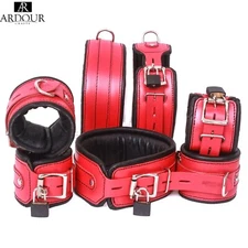 Real Cow Hide Leather Wrist, Ankle, Thigh Cuffs & Collar Restraints Bondage Set